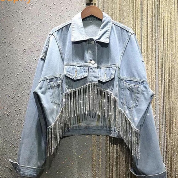 Jackets & Blazers - NWT jean jacket w/ crystal fringe embellishment